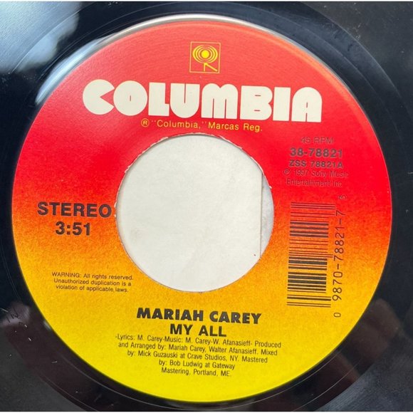 Mariah Carey My All / Breakdown 45 90's Hip Hop Pop Columbia 38-78821 - Picture 1 of 6